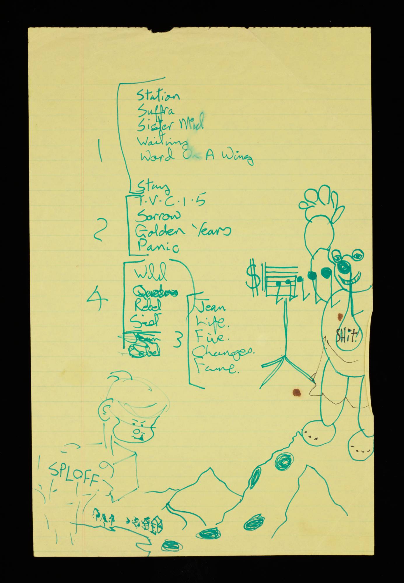Set list for album tour for 'Station to Station', written by David Bowie, 1976, available at the V&A Storehouse. Credit: © The David Bowie ArchiveTM